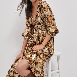 Anthropologie + Let Me Be Floral Metallic Shimmer Midi Dress US 10 NWT
